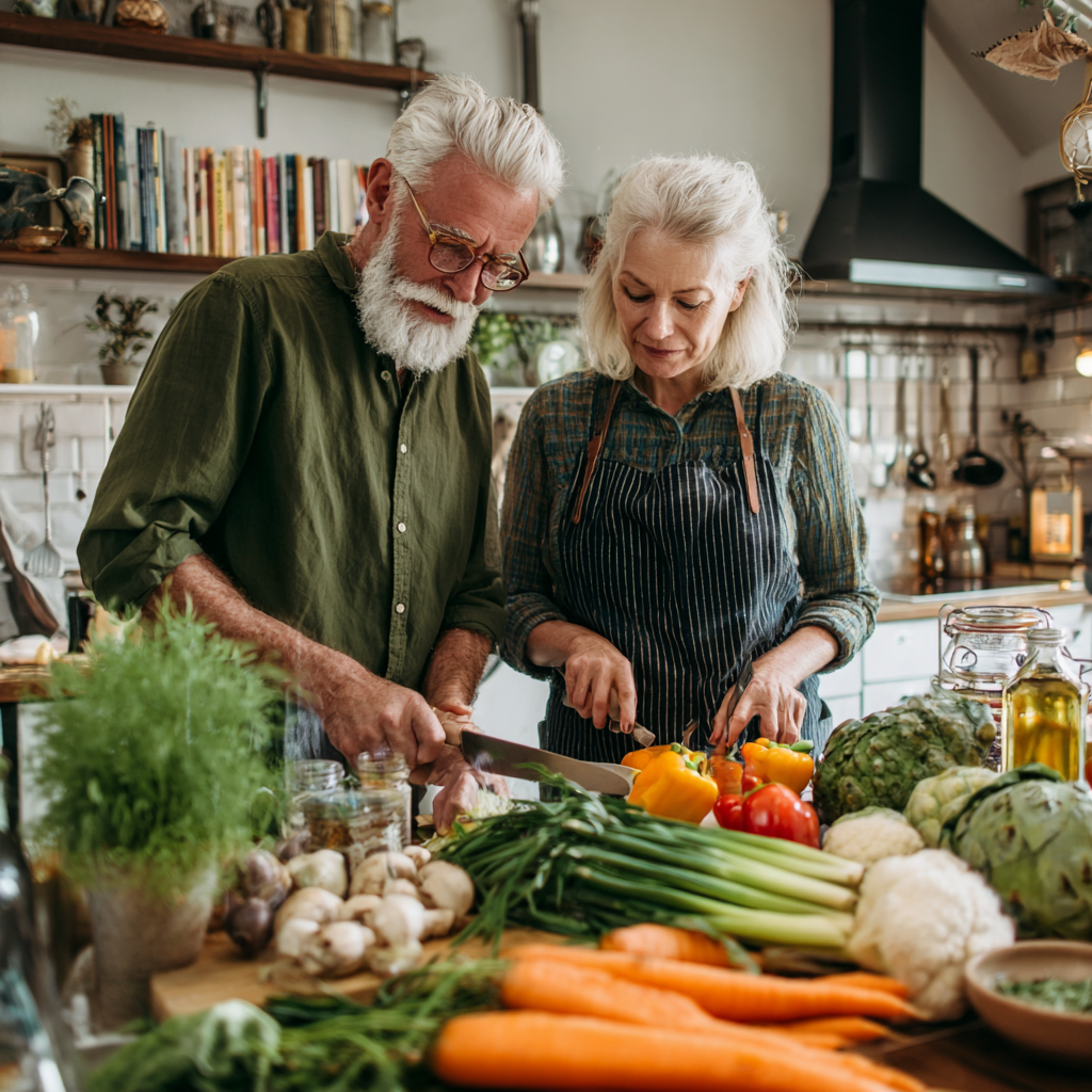 Mature couple cooking together in bright kitchen with fresh vegetables and herbs