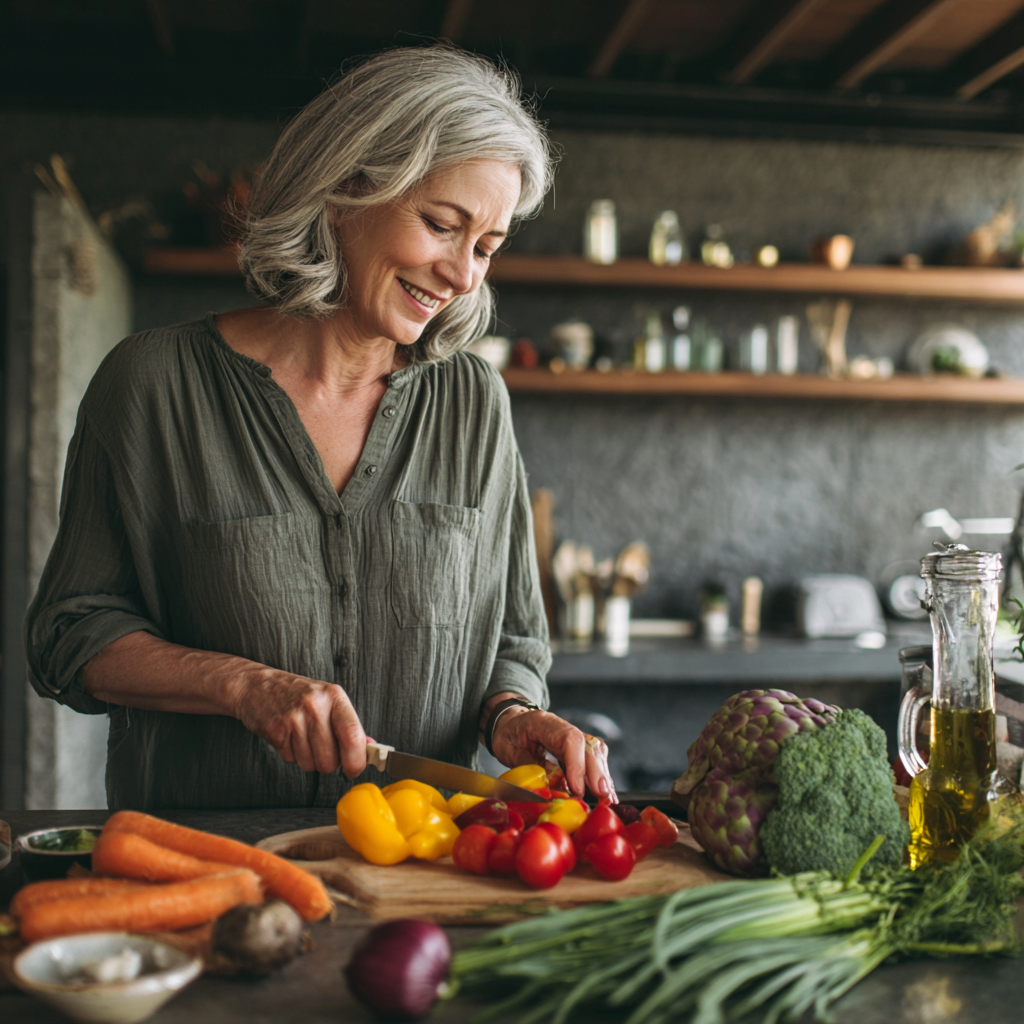 Middle-aged woman preparing healthy colorful vegetables in modern kitchen